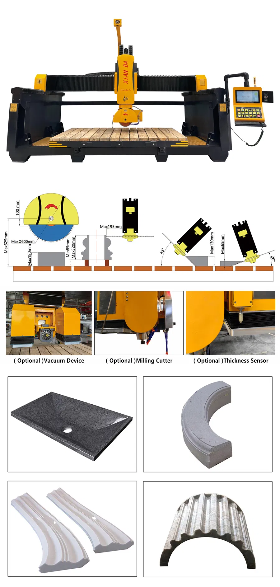 5 অক্ষের সিএনসি ব্রিজ স্যাব কাটার মেশিন 3400x2000 মিমি ওয়ার্কটেবিল এবং গ্রানাইট এবং মার্বেল জন্য 0 &deg;-360 &deg; হেড ঘূর্ণন সঙ্গে 0